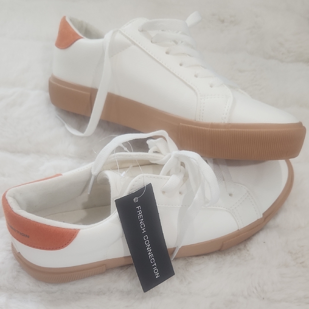 French Connection White and Tan Sneakers with Gum Sole